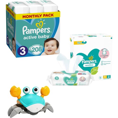 Pampers Pelene Active Baby, 3 Monthly, 6-10kg, 208/1+ Vlažne maramice Sensitive, 15x80 komada+ Topi Toys Interaktivna igračka Hodajuća kraba, Svetloplava Slike