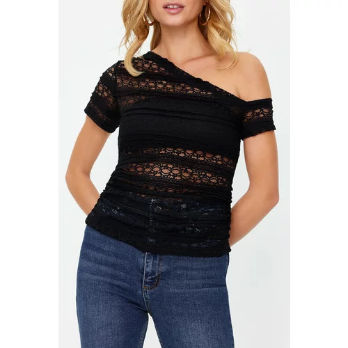 Trendyol Black Lace Asymmetric Neck Fitted/Situated Knitted Blouse