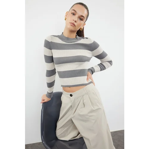 Trendyol Anthracite Crop Cotton Striped Knitwear Sweater