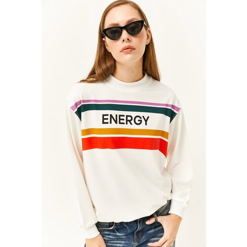 Olalook Women's Energy Ecru Printed Soft Textured Sweatshirt Cene