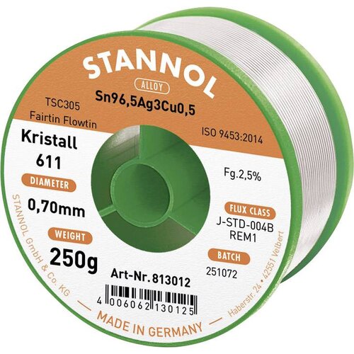 Stannol mehka spajkalna žica Kristall 611 v zlitini Flowtin TSC305 z 2\,5% pretoka 0\,7 mm v premeru na 250 g koluta Kristall 611 Fairtin spajkalna žica\, neosvinčena neosvinčeni Sn9, (20395512) Cene