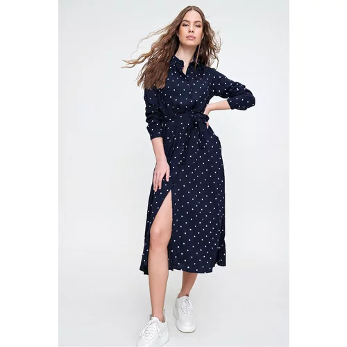 Trend Alaçatı Stili Women's Navy Blue Polka Dot Patterned Woven Viscon Shirt Dress