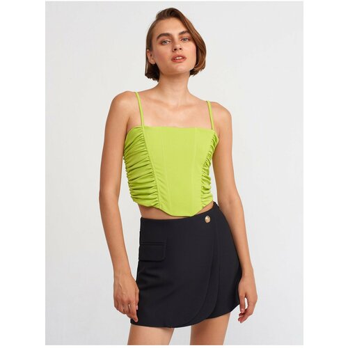 Dilvin 20129 Gathered Detailed Strap Crop Top-Lime Cene