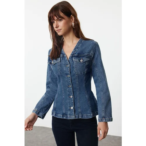 Trendyol Blue Waist Fitted Denim Jacket