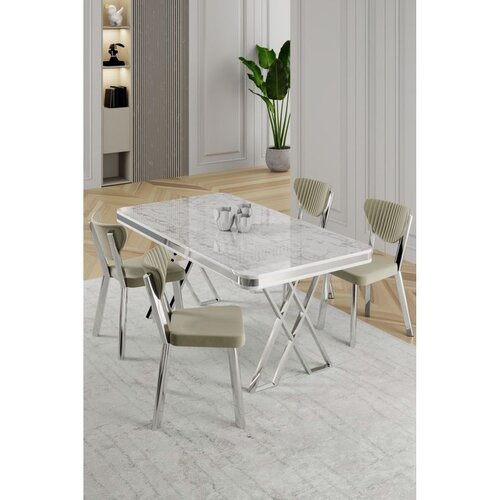 Hanah home trpezarijski set Raja, sto i 4 stolice, ploča u dekoru belog mermera, hromirane noge, krem tkanina Babyface Cene