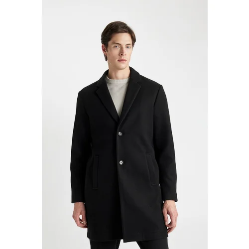 Defacto Men's Black Relax Fit Casual Cut Shirt Collar Buttoned Pocket Long Cashmere Coat