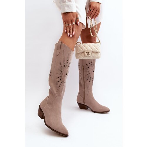 Zazoo 2909 Suede Cutout Boots with Low Heel Beige Slike