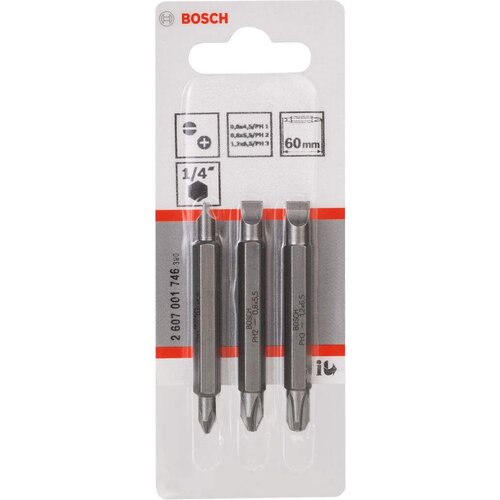 Bosch 3-delni set dvostranih nastavaka S 0,6x4,5, S 0,8x5,5, S 1,2x6,5; PH1, PH2, PH3; 60 mm - 2607001746 Slike