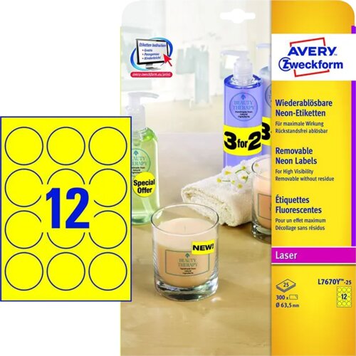 Avery Zweckform Odstranljive neon rumene etikete &amp;Oslash; 63,5 mm Slike