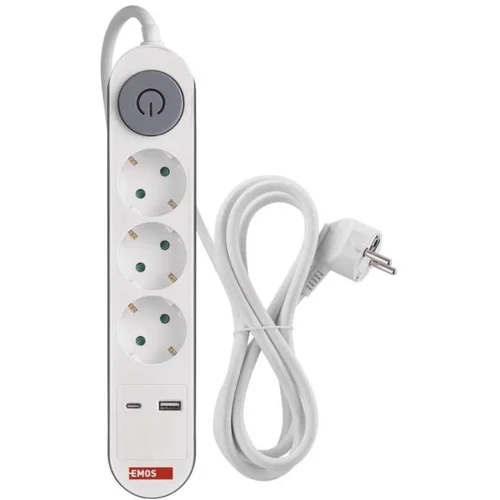 Emos Podaljšek 2 m / 3 vtičnice / s stikalom / beli / 1× USB-A + 1× USB-C / 1,5 mm2