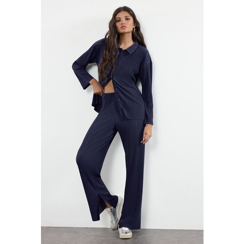 Trendyol Navy Blue Pleated Regular Buttoned Knitted Bottom-Top Set Slike