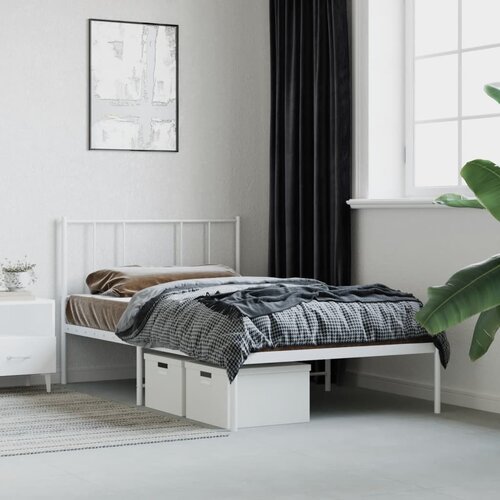 VidaXL Kovinski posteljni okvir z vzglavjem bel 90x190 cm Slike
