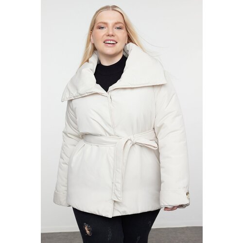 Trendyol Curve Ecru Regular Fit Wide Collar Waist Tie Detailed Coat Cene