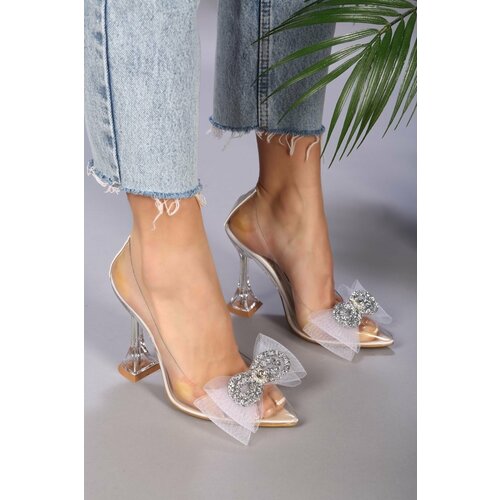 Shoeberry Women's Princess White Transparent Bow Stony Heel Shoes Cene