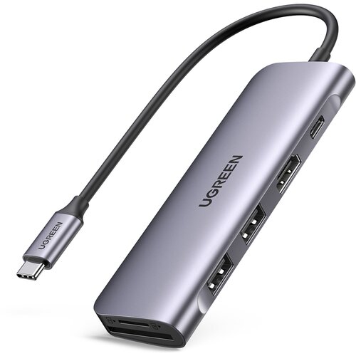 Ugreen Hub adapter 6 v 1 CM195 USB-C na 2x USB 3.0, HDMI, SD/microSD, 100W (siv), (20776910) Slike