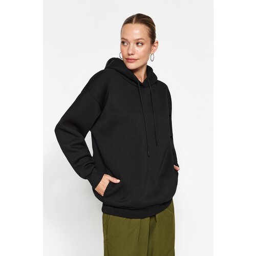 Trendyol Black Thick Fleece Inside, Pocket Detailed Hooded Regular/Regular Knitted Sweatshirt Slike