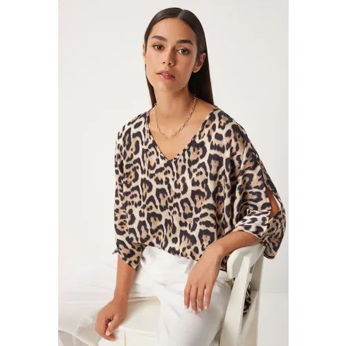 Happiness İstanbul Women's Black Beige Leopard Patterned Satin Blouse