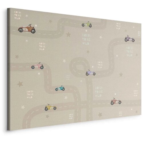  Slika - Race - Colorful Cars on a Road on a Beige Background with Inscriptions 60x40 Na talijanskom platnu Cijene