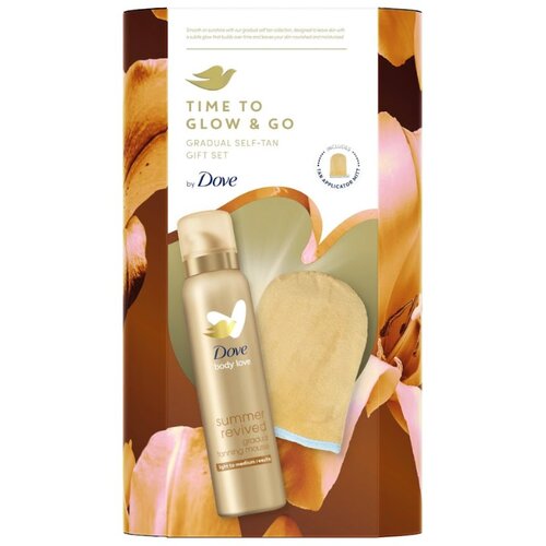 Dove Ženski poklon set Time to glow & go Self tan mousse 150 ml + rukavica Slike