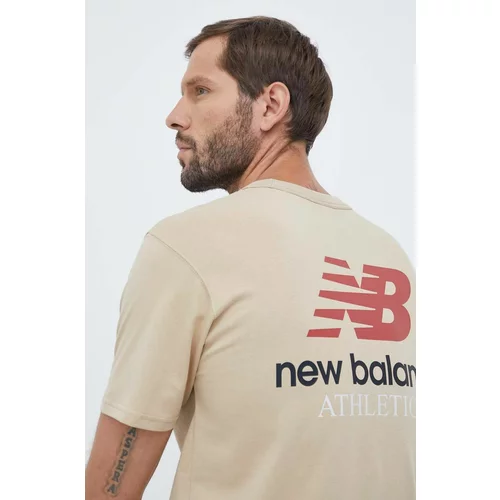 New Balance Bombažna kratka majica bež barva