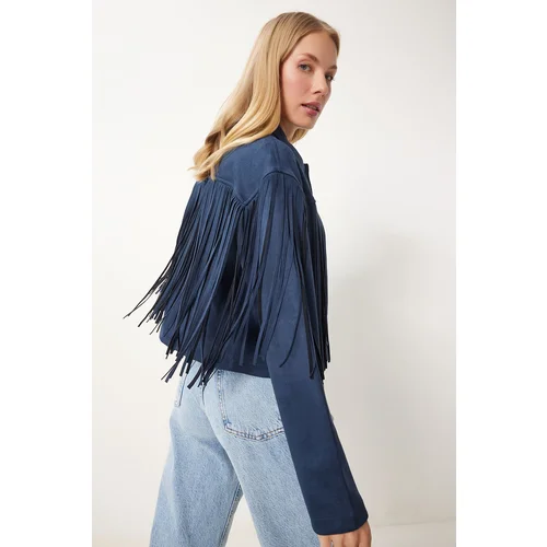 Happiness İstanbul Women's Navy Blue Shirt Collar Tassel Suede Jacket