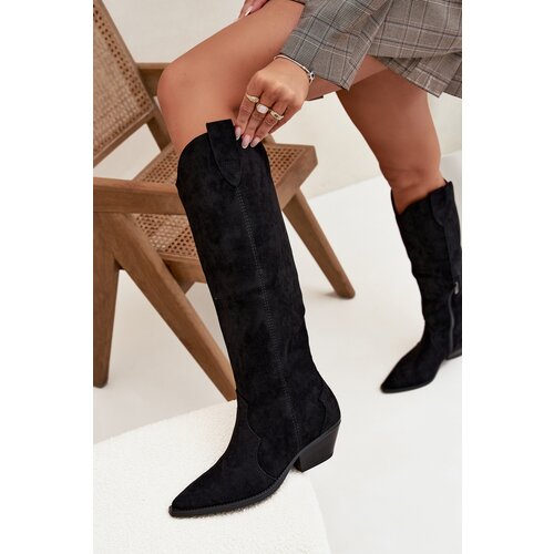 Boto Insulated Cowboy Boots Heeled Made Of Eco Suede Black Jovianne Cene