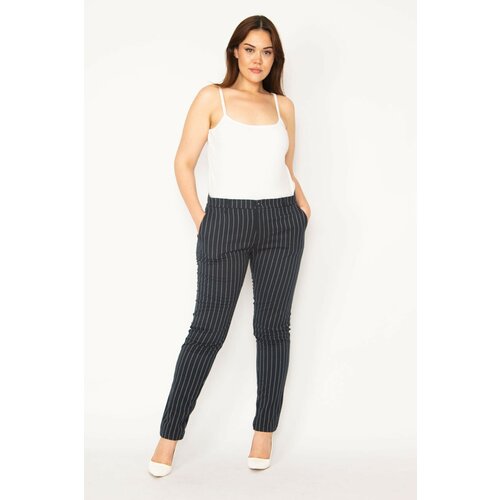 Şans Women's Plus Size Navy Blue Striped Classic Pants with Side and Back Fleto Pockets. Slike