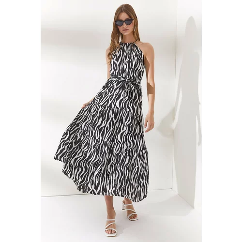 Olalook Women's Zebra Black Halterneck Belted Woven Viscose Dress