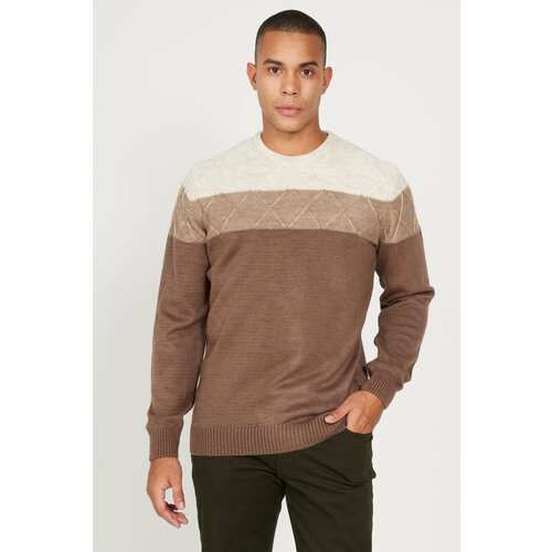 AC&Co / Altınyıldız Classics Men's Beige-brown Standard Fit Normal Cut Crew Neck Colorblock Patterned Wool Knitwear Sweater. Cene
