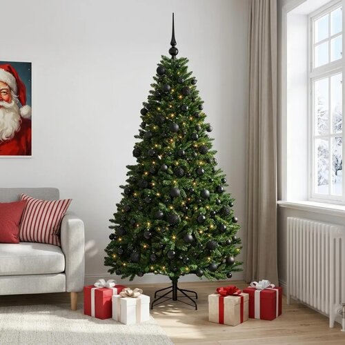  Umjetno božićno drvce srednje zeleno s kuglicama 210 cm - Srednje zelena &amp;Oslash; 106 x 210 cm s 300 LED dioda i crnim lopticama Slike