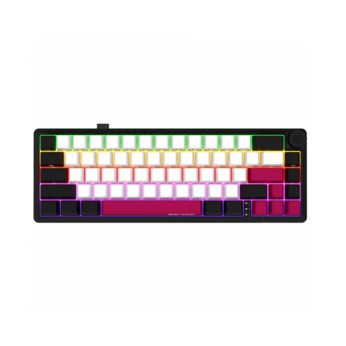 Lorgar wireless mechanical gaming keyboard pro, 2.4 ghz, bt, rgb backlight, 16 modes, 66 keys, 50M presses, linear toxic purple switches, multimedia knob, built-in 3750 mah battery, hot swap, gasket mount, spring cable 2.3m, black red white Cene