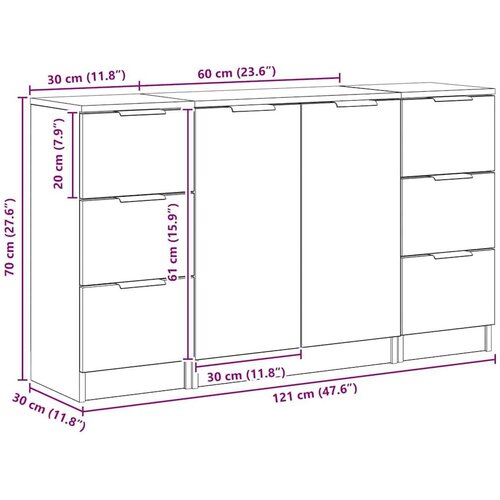 VidaXL Ormarić / Komoda s ladicama 3 pcs Crni hrast 121 x 30 x 70 cm Slike