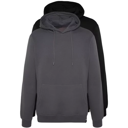 Trendyol Black-Grey Men's 2-Pack Basic Regular/Normal Cut Hoodie with Fleece Inside Sweatshirt.