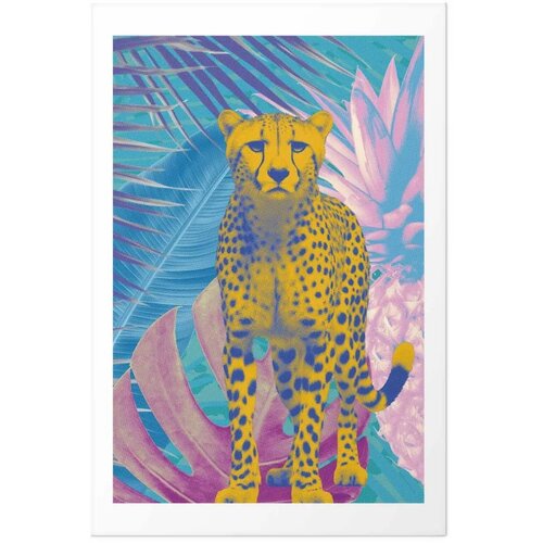  Plakat - Exotic Leopard - colorful portrait of a cheetah against tropical leaves 60x90 Bez okvira s margom Slike