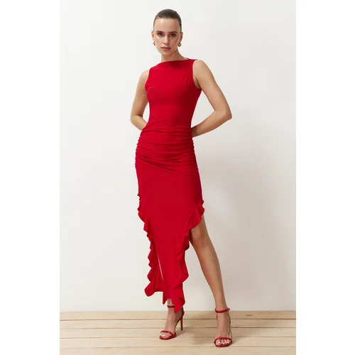 Trendyol Red Bodycone Slit Ruffle Detailed Flexible Thick Sandy Maxi Pencil Dress