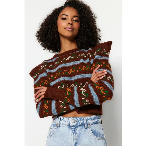 Trendyol Brown Soft Textured Patterned Crewneck Knitwear Sweater