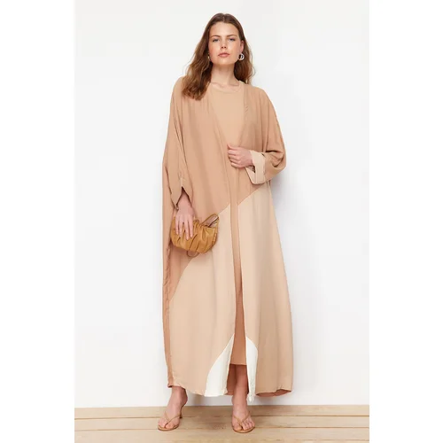 Trendyol Camel Belted Color Block Long Woven Cap & Abaya