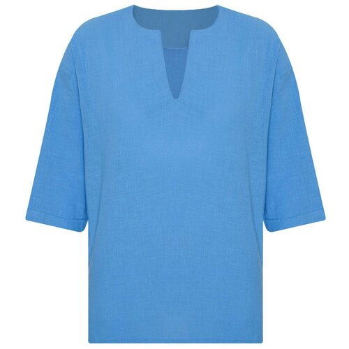 XHAN Blue V-Neck Poor Sleeve Oversized Linen Shirt 2x2x2-45964-12 Slike