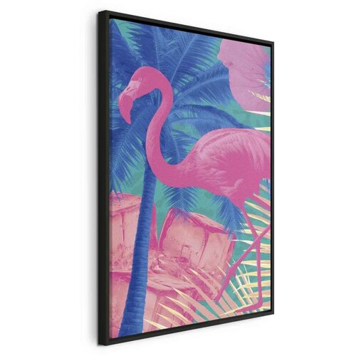  Slika - Pink Flamingo - Abstract Flamingo Against Palms and Ice Cubes 80x120 U crnom drvenom okviru Cene