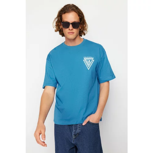 Trendyol Blue Men's Oversize/Wide Cut Crew Neck City Printed 100% Cotton T-Shirt