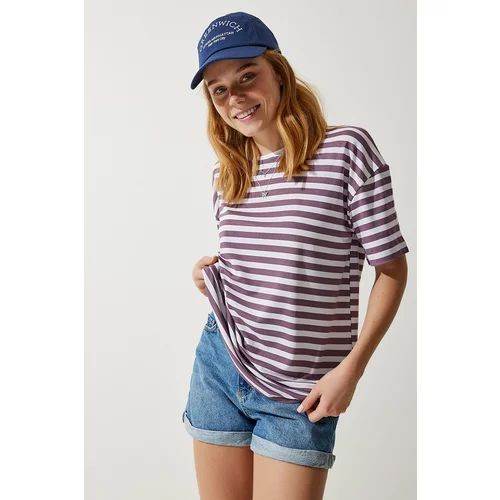 Happiness İstanbul Women's Lilac Crew Neck Striped Oversize Knitted T-Shirt