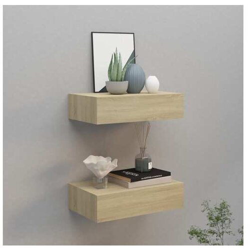  Stenska polica s predalom 2 kosa hrast 40x23,5x10 cm MDF Slike