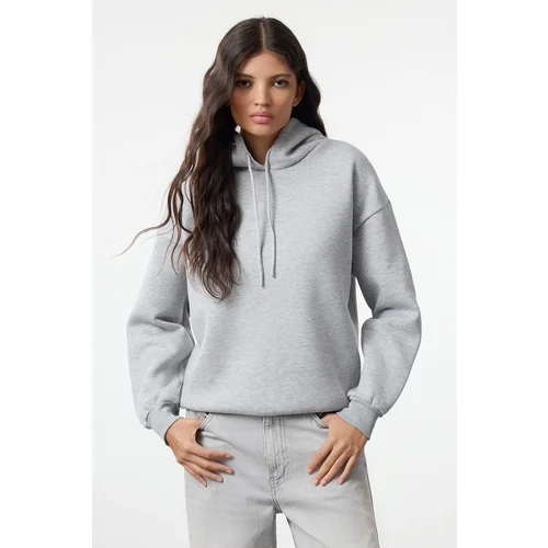 Trendyol Gray Melange Thick Inside Fleece Back Printed Oversize/Wide Fit Knitted Sweatshirt