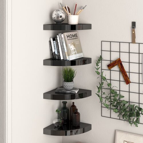 VidaXL 323891 Floating Corner Shelves 4 pcs High Gloss Black 25x25x3,8 cm MDF Slike