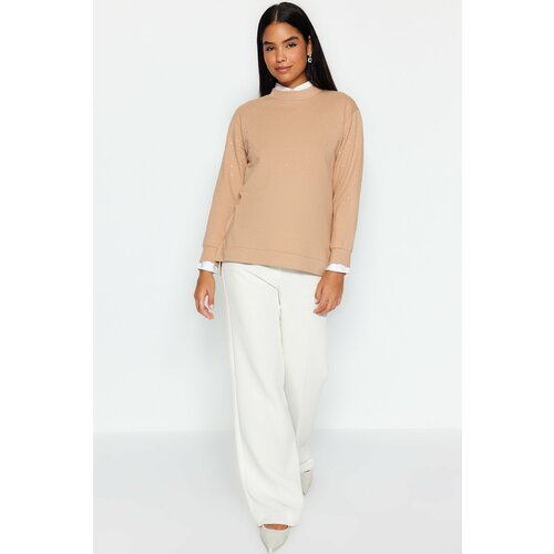 Trendyol Beige Stone Detailed Knitted Tunic with Side Slits Slike