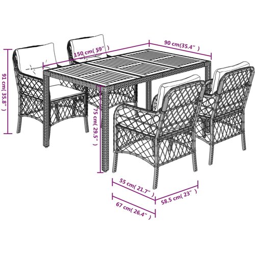  5-dijelni vrtni blagovaonski set s jastucima od poliratana crni Crna 150 cm table length Slike
