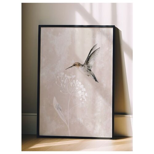 Wallxpert uramljena slika 115241, kolibri i beli cvet na svetlobež teksturisanoj pozadini, 50 x 70 cm, crni ram Slike