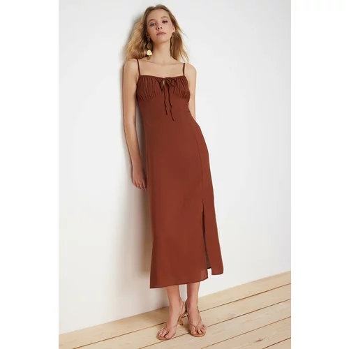 Trendyol Brown A-Line Midi Woven Dress with Tie Detail on the Collar