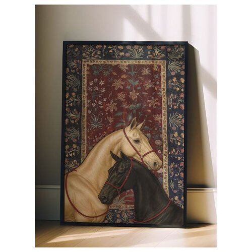 Wallxpert uramljena slika 115197, beli i crni konj ispred bordo orijentalnog ćilima, 50 x 70 cm, crni ram Slike