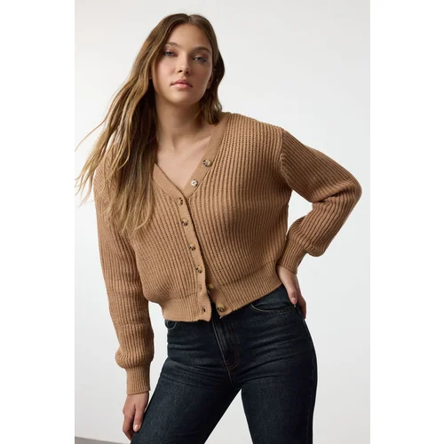 Trendyol Camel V Neck Crop Knit Cardigan